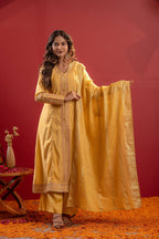 Juniper Yellow Viscose Solid A-Line Kurta With Pants & Dupatta Set With Zari, Sequence & Dori Work | Grocsy