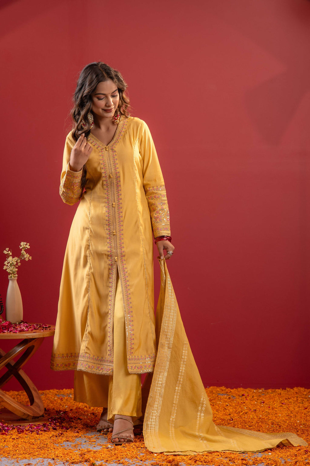 Juniper Yellow Viscose Solid A-Line Kurta With Pants & Dupatta Set With Zari, Sequence & Dori Work | Grocsy