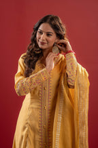 Juniper Yellow Viscose Solid A-Line Kurta With Pants & Dupatta Set With Zari, Sequence & Dori Work | Grocsy