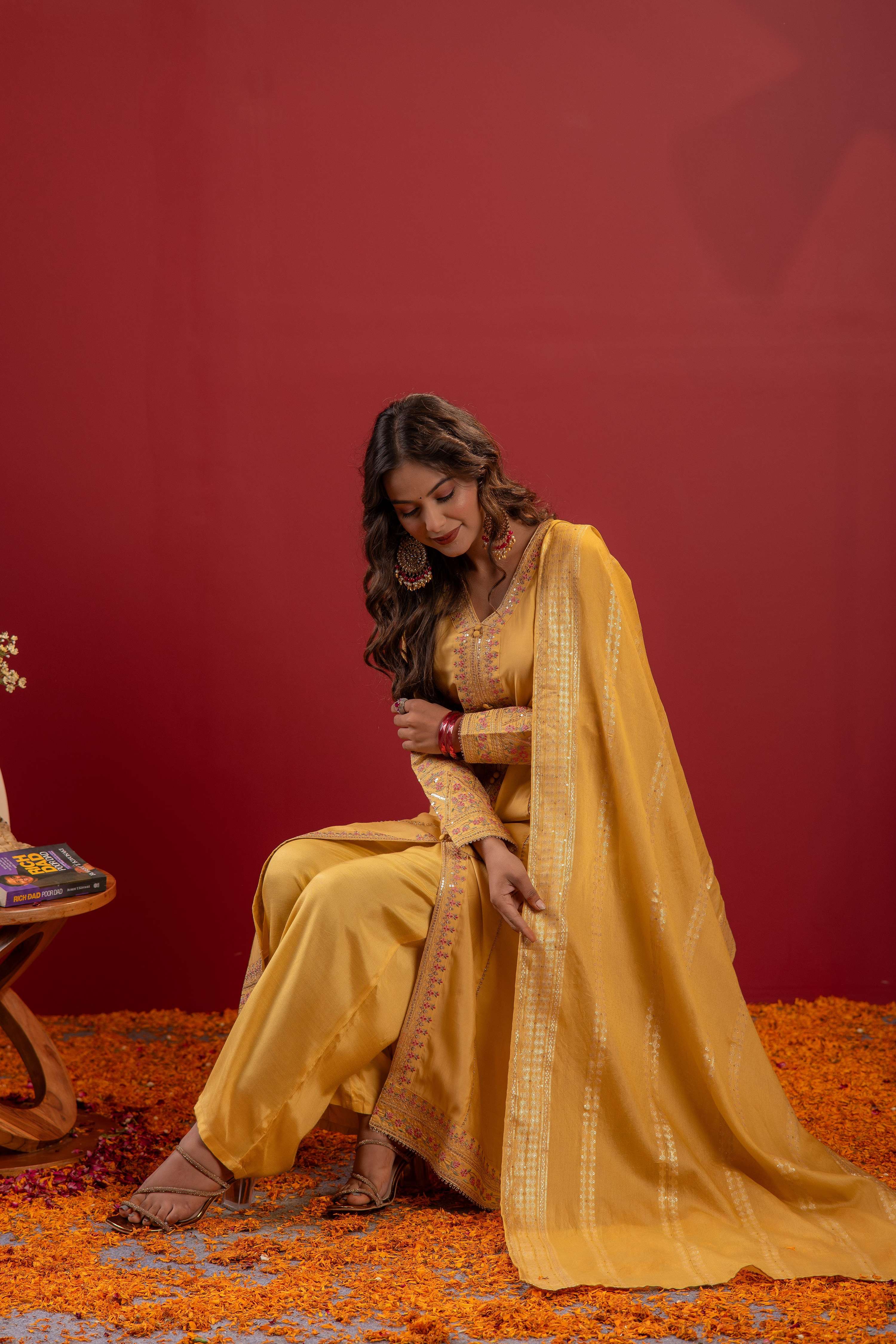 Juniper Yellow Viscose Solid A-Line Kurta With Pants & Dupatta Set With Zari, Sequence & Dori Work | Grocsy