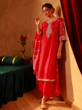 Juniper Magenta Man Made Fiber Flared Kurta Pant And Dupatta Set With Zari, Mirror, Thread & Sequin Work | Grocsy