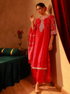 Juniper Magenta Man Made Fiber Flared Kurta Pant And Dupatta Set With Zari, Mirror, Thread & Sequin Work | Grocsy