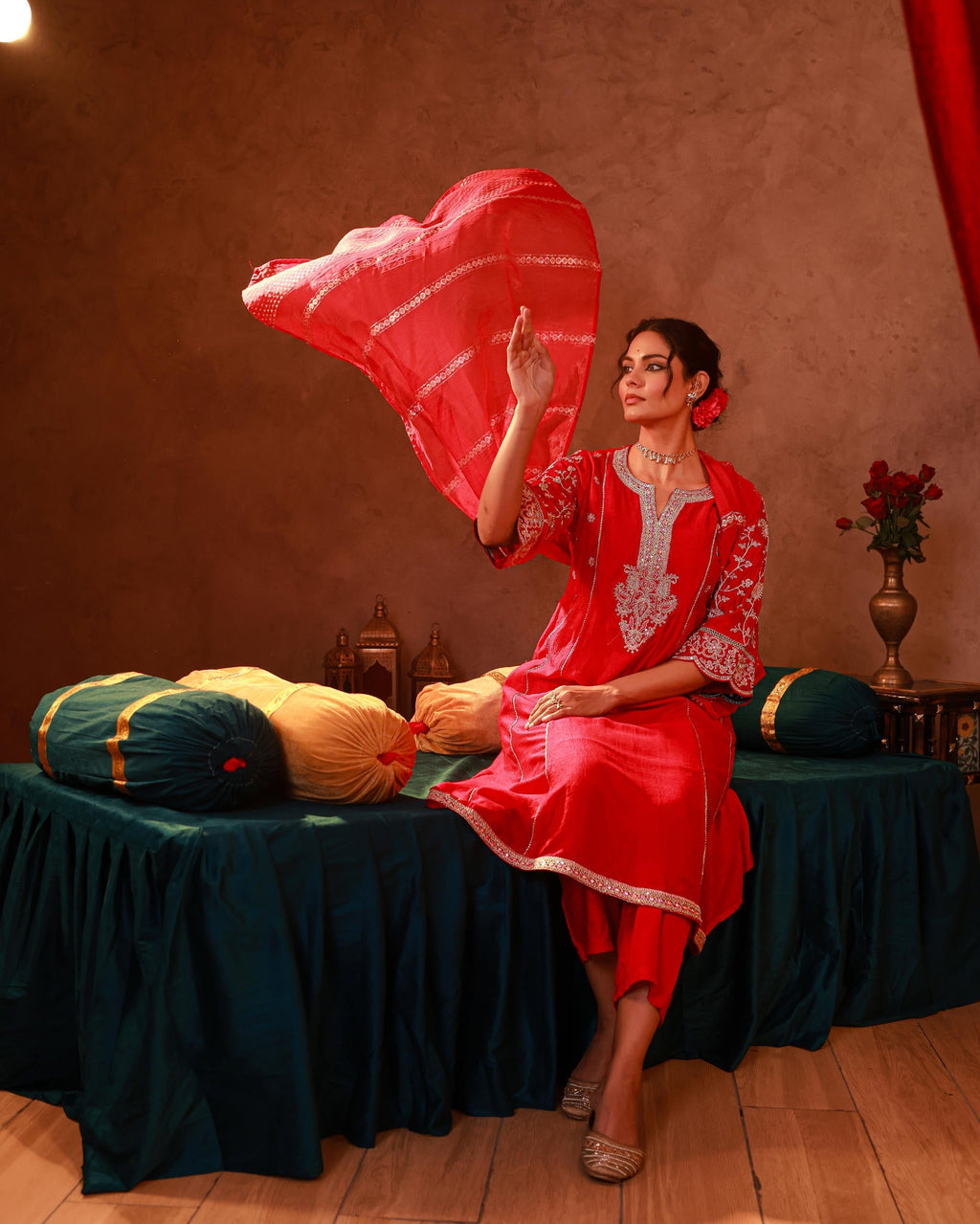 Juniper Magenta Man Made Fiber Flared Kurta Pant And Dupatta Set With Zari, Mirror, Thread & Sequin Work | Grocsy
