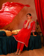 Juniper Magenta Man Made Fiber Flared Kurta Pant And Dupatta Set With Zari, Mirror, Thread & Sequin Work | Grocsy
