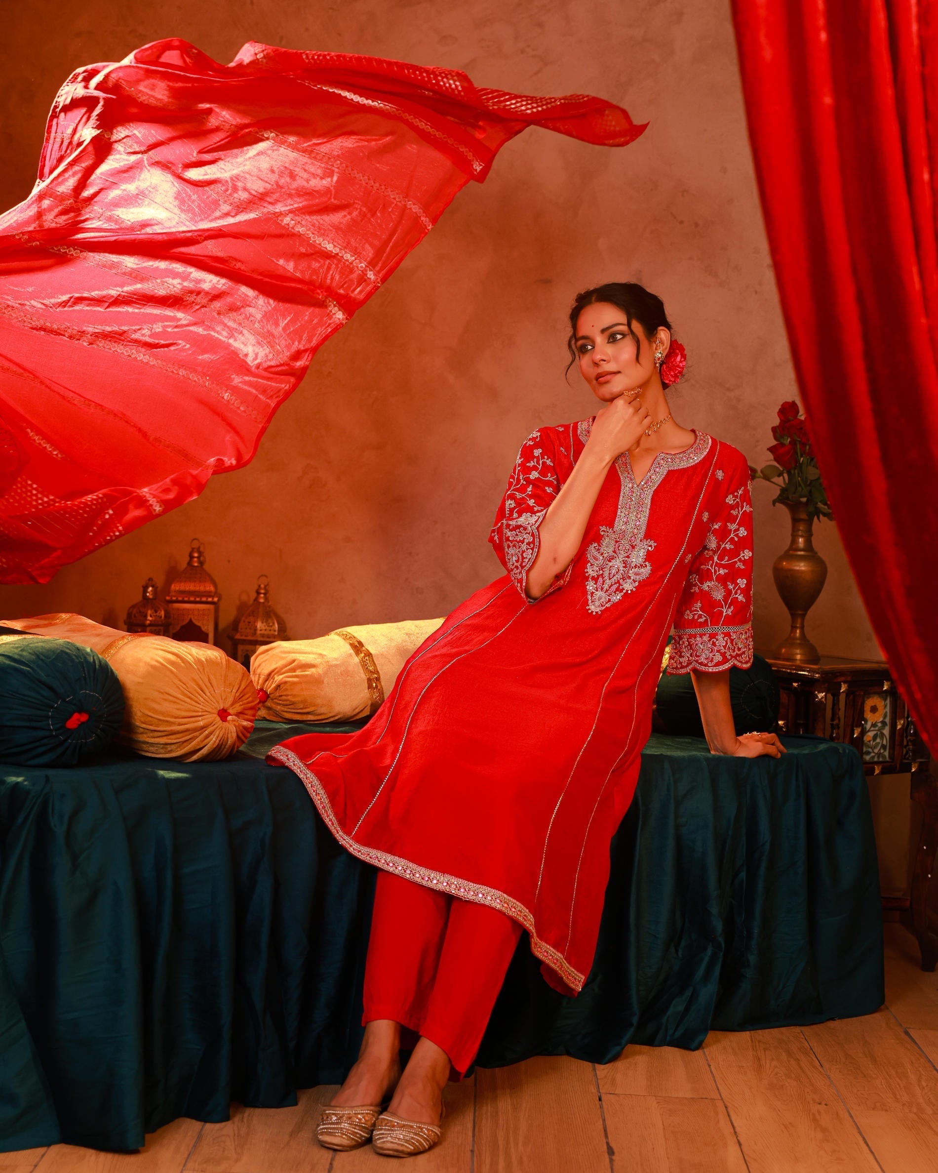 Juniper Magenta Man Made Fiber Flared Kurta Pant And Dupatta Set With Zari, Mirror, Thread & Sequin Work | Grocsy