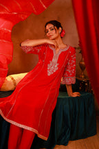 Juniper Magenta Man Made Fiber Flared Kurta Pant And Dupatta Set With Zari, Mirror, Thread & Sequin Work | Grocsy