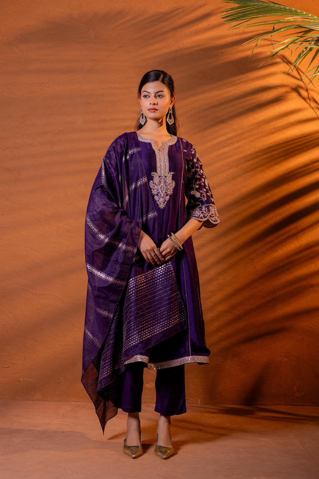 Juniper Purple Manmade Fiber Flared Kurta Pant And Dupatta Set With Zari, Mirror, Thread & Sequin Work | Grocsy