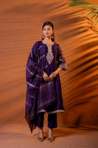 Juniper Purple Manmade Fiber Flared Kurta Pant And Dupatta Set With Zari, Mirror, Thread & Sequin Work | Grocsy