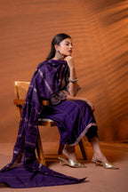 Juniper Purple Manmade Fiber Flared Kurta Pant And Dupatta Set With Zari, Mirror, Thread & Sequin Work | Grocsy