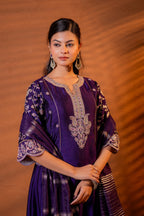 Juniper Purple Manmade Fiber Flared Kurta Pant And Dupatta Set With Zari, Mirror, Thread & Sequin Work | Grocsy