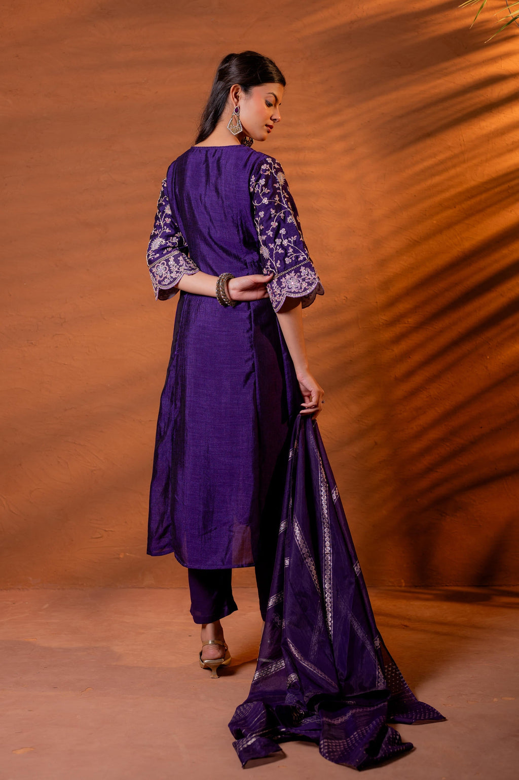 Juniper Purple Manmade Fiber Flared Kurta Pant And Dupatta Set With Zari, Mirror, Thread & Sequin Work | Grocsy