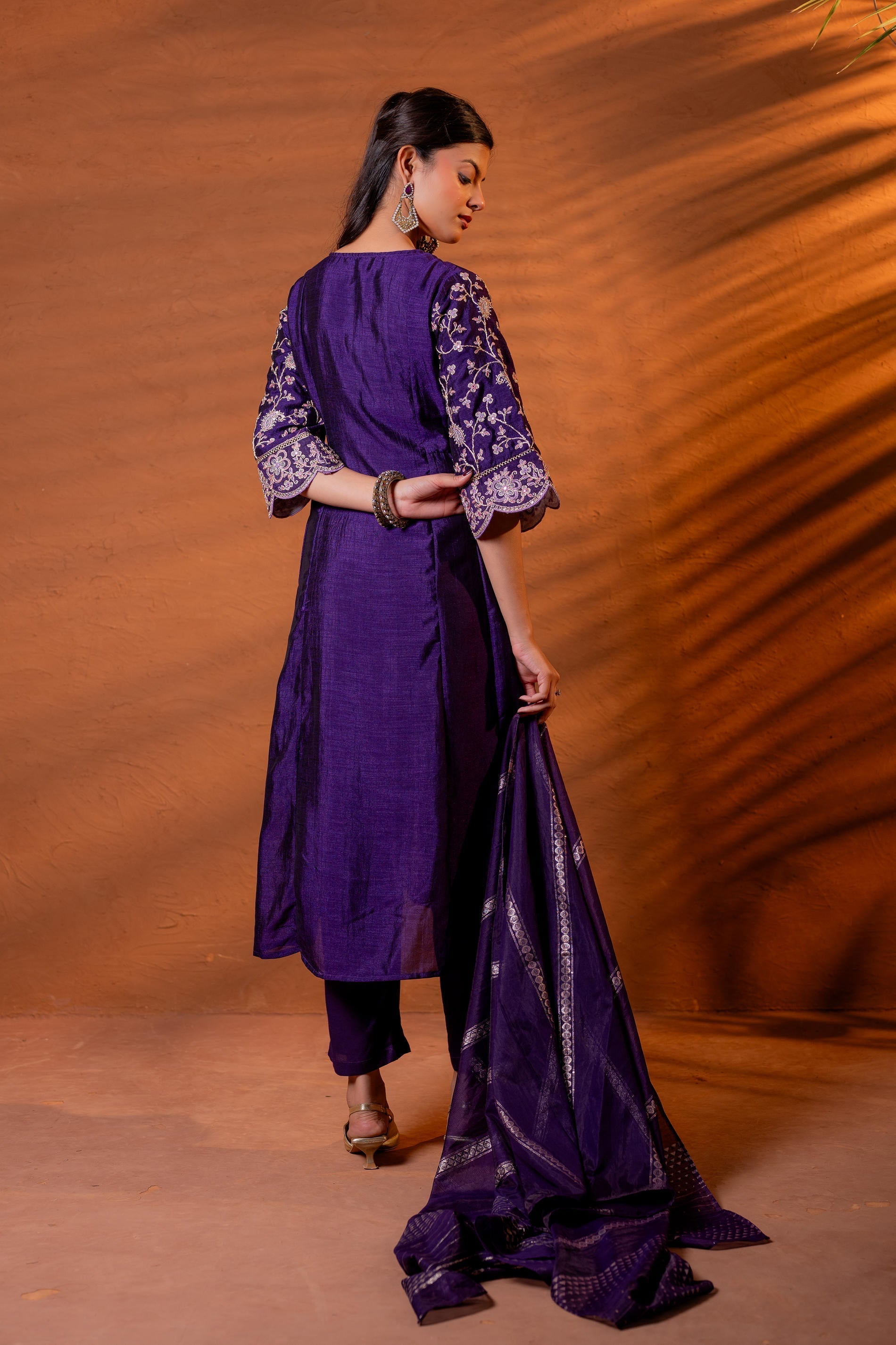 Juniper Purple Manmade Fiber Flared Kurta Pant And Dupatta Set With Zari, Mirror, Thread & Sequin Work | Grocsy
