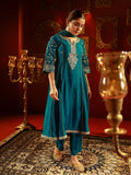 Juniper Turquoise Man Made Fiber Flared Kurta Pant And Dupatta Set With Zari, Mirror, Thread & Sequin Work | Grocsy