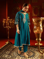 Juniper Turquoise Man Made Fiber Flared Kurta Pant And Dupatta Set With Zari, Mirror, Thread & Sequin Work | Grocsy