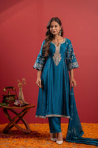 Juniper Turquoise Man Made Fiber Flared Kurta Pant And Dupatta Set With Zari, Mirror, Thread & Sequin Work | Grocsy