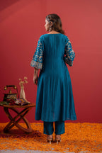 Juniper Turquoise Man Made Fiber Flared Kurta Pant And Dupatta Set With Zari, Mirror, Thread & Sequin Work | Grocsy