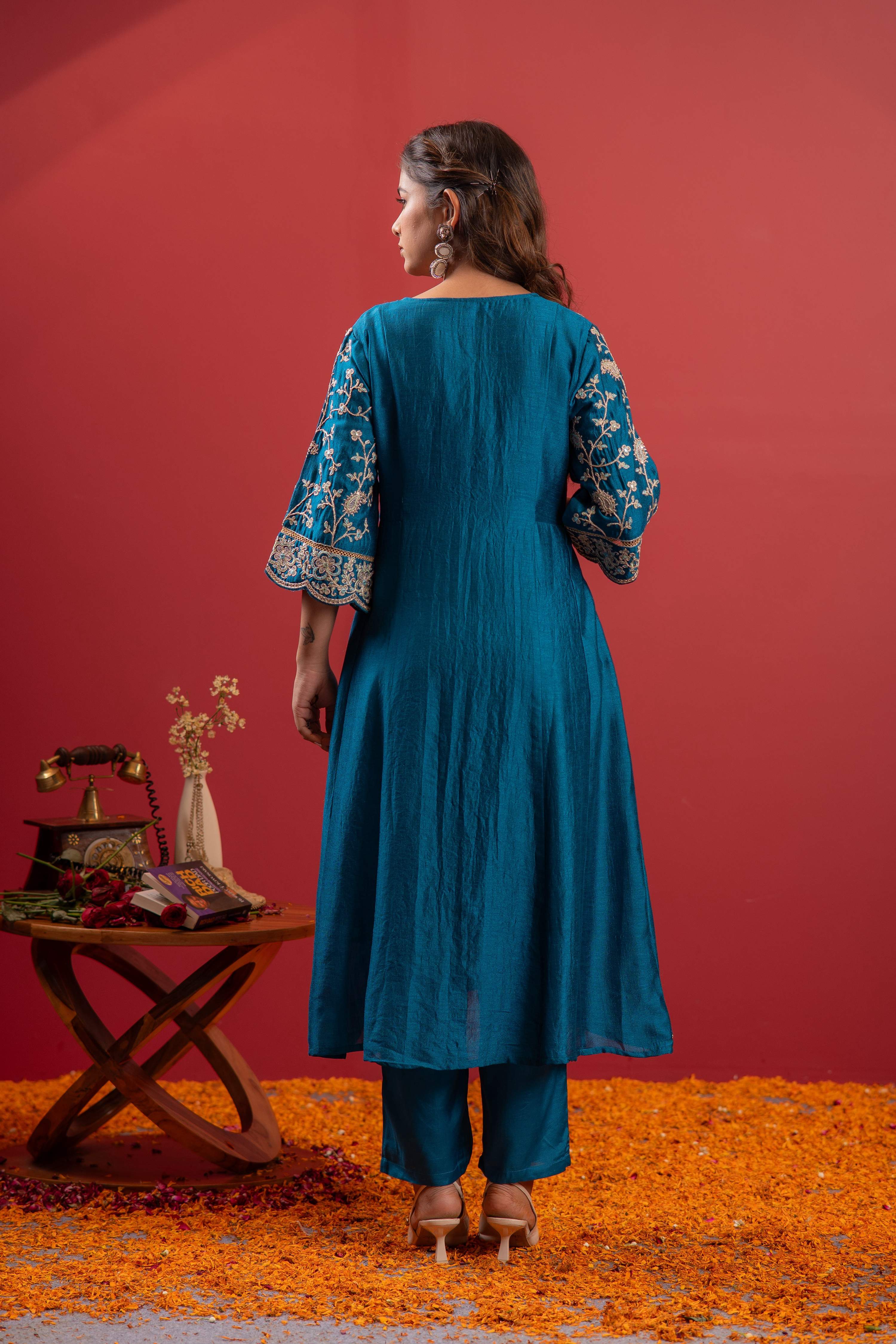 Juniper Turquoise Man Made Fiber Flared Kurta Pant And Dupatta Set With Zari, Mirror, Thread & Sequin Work | Grocsy