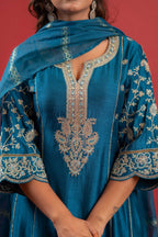 Juniper Turquoise Man Made Fiber Flared Kurta Pant And Dupatta Set With Zari, Mirror, Thread & Sequin Work | Grocsy
