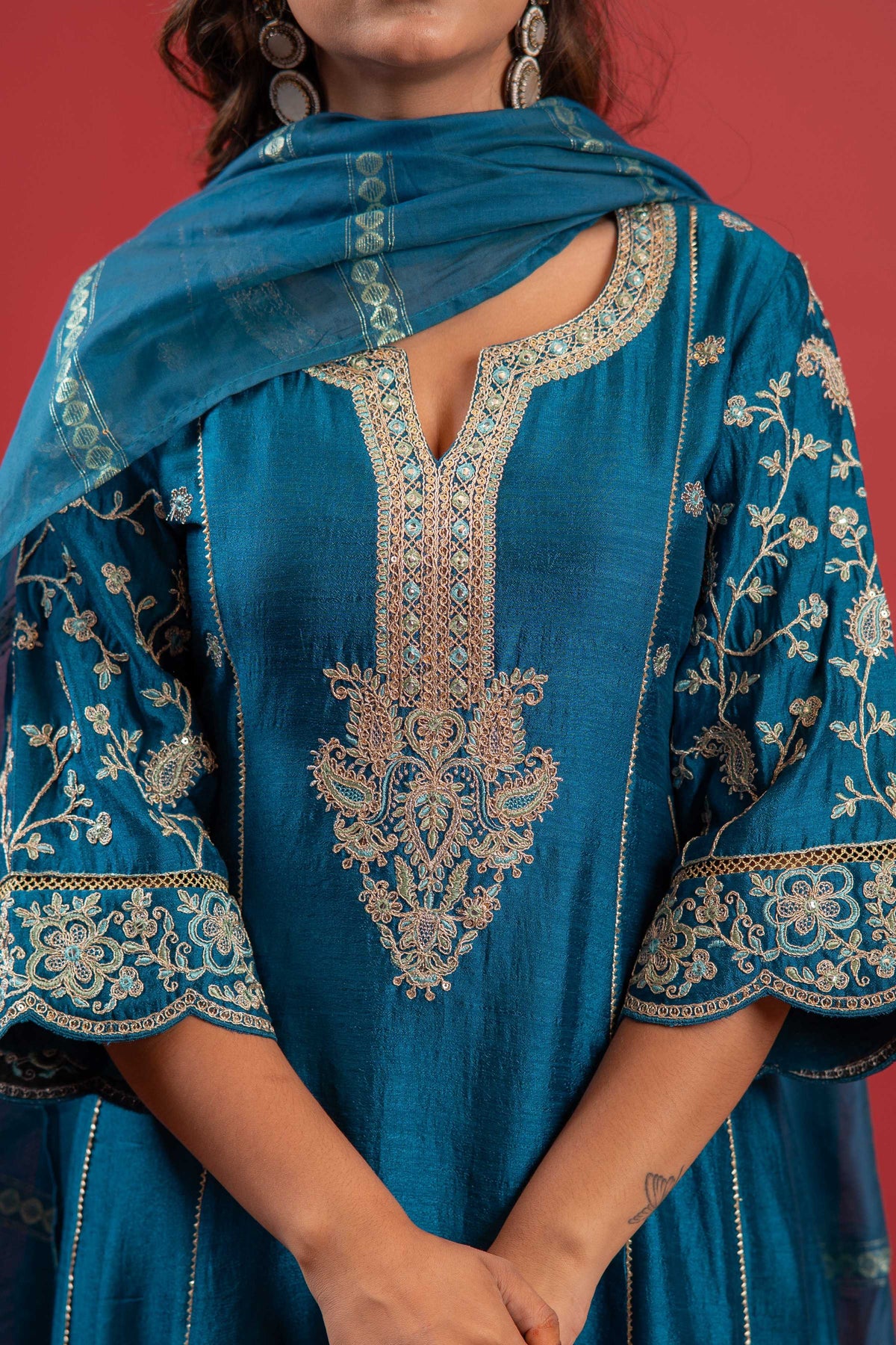 Juniper Turquoise Man Made Fiber Flared Kurta Pant And Dupatta Set With Zari, Mirror, Thread & Sequin Work | Grocsy
