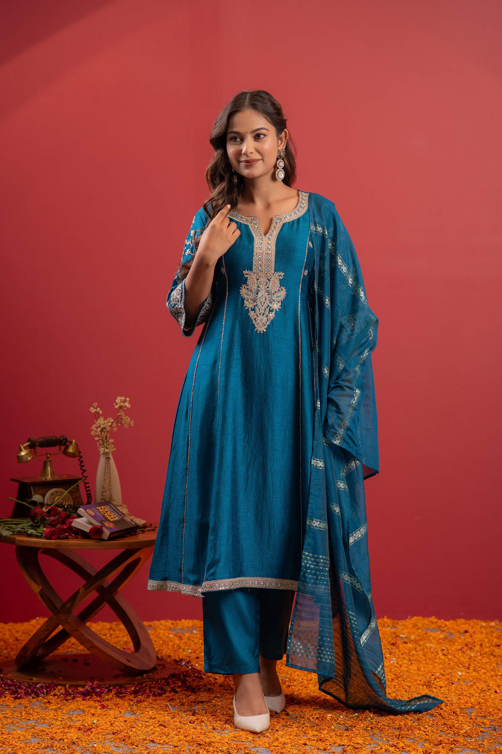 Juniper Turquoise Man Made Fiber Flared Kurta Pant And Dupatta Set With Zari, Mirror, Thread & Sequin Work | Grocsy