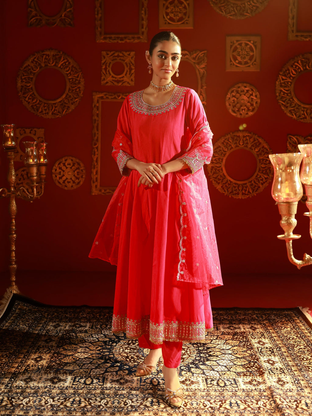 Juniper Fuchsia Viscose Flared Kurta With Pants & Dupatta Set With Zari & Sequence Work | Grocsy