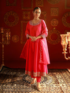 Juniper Fuchsia Viscose Flared Kurta With Pants & Dupatta Set With Zari & Sequence Work | Grocsy