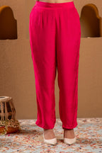 Juniper Fuchsia Viscose Flared Kurta With Pants & Dupatta Set With Zari & Sequence Work | Grocsy