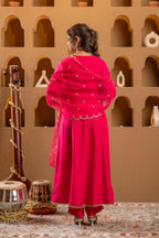 Juniper Fuchsia Viscose Flared Kurta With Pants & Dupatta Set With Zari & Sequence Work | Grocsy