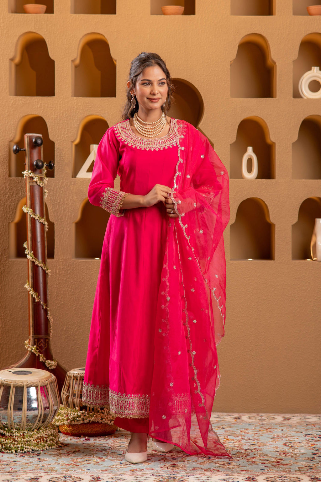 Juniper Fuchsia Viscose Flared Kurta With Pants & Dupatta Set With Zari & Sequence Work | Grocsy