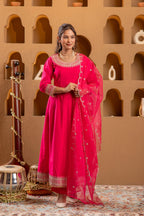 Juniper Fuchsia Viscose Flared Kurta With Pants & Dupatta Set With Zari & Sequence Work | Grocsy