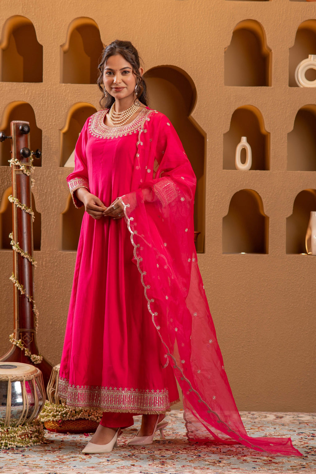 Juniper Fuchsia Viscose Flared Kurta With Pants & Dupatta Set With Zari & Sequence Work | Grocsy