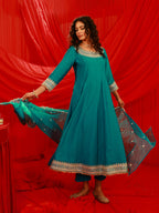 Juniper Aqua Blue Viscose Flared Kurta With Pants & Dupatta Set With Zari & Sequence Work | Grocsy