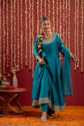 Juniper Aqua Blue Viscose Flared Kurta With Pants & Dupatta Set With Zari & Sequence Work | Grocsy