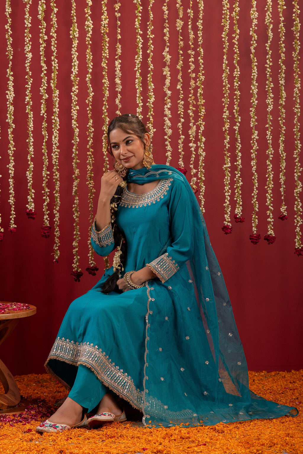 Juniper Aqua Blue Viscose Flared Kurta With Pants & Dupatta Set With Zari & Sequence Work | Grocsy