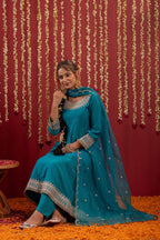 Juniper Aqua Blue Viscose Flared Kurta With Pants & Dupatta Set With Zari & Sequence Work | Grocsy