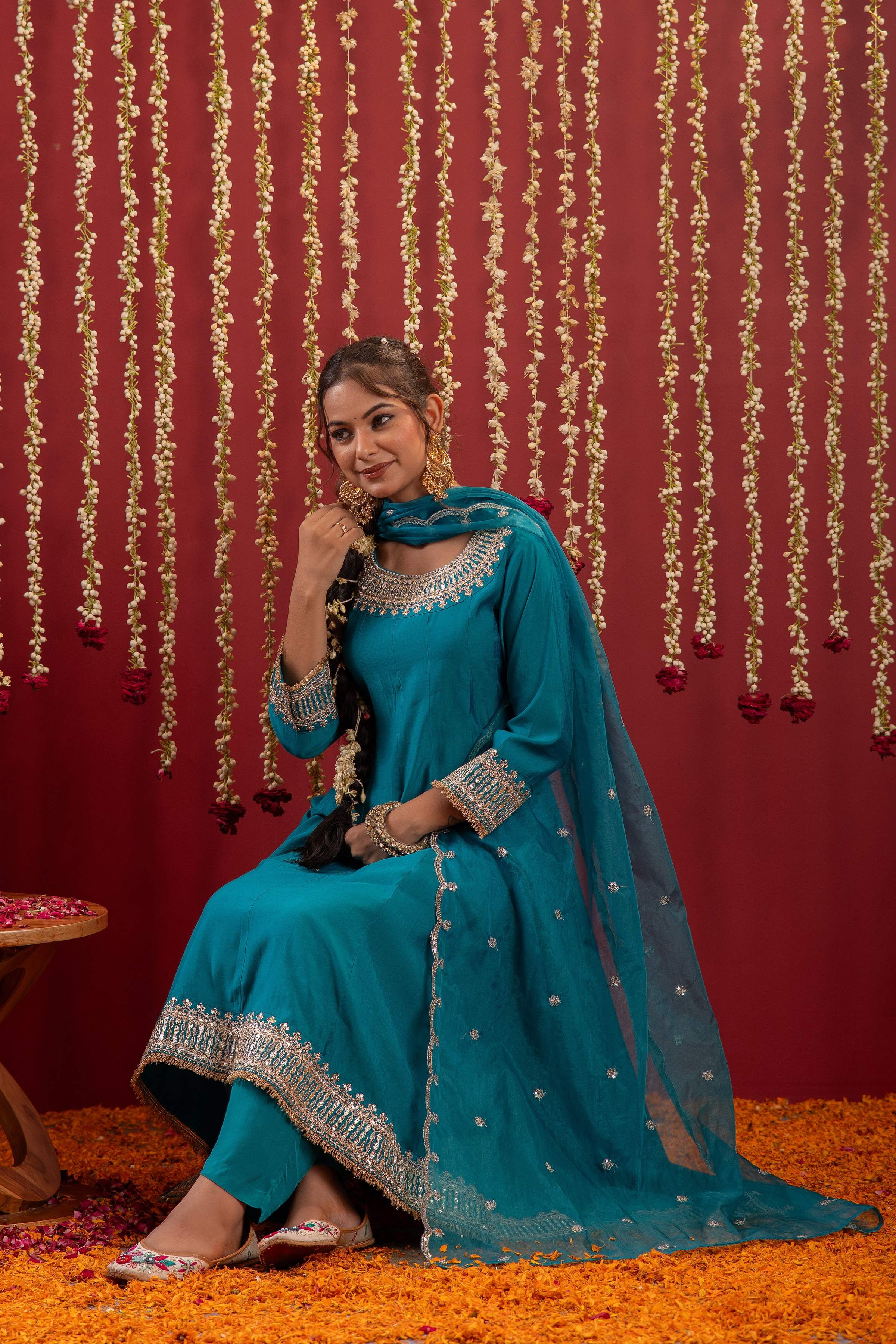 Juniper Aqua Blue Viscose Flared Kurta With Pants & Dupatta Set With Zari & Sequence Work | Grocsy