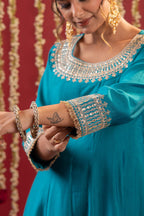 Juniper Aqua Blue Viscose Flared Kurta With Pants & Dupatta Set With Zari & Sequence Work | Grocsy