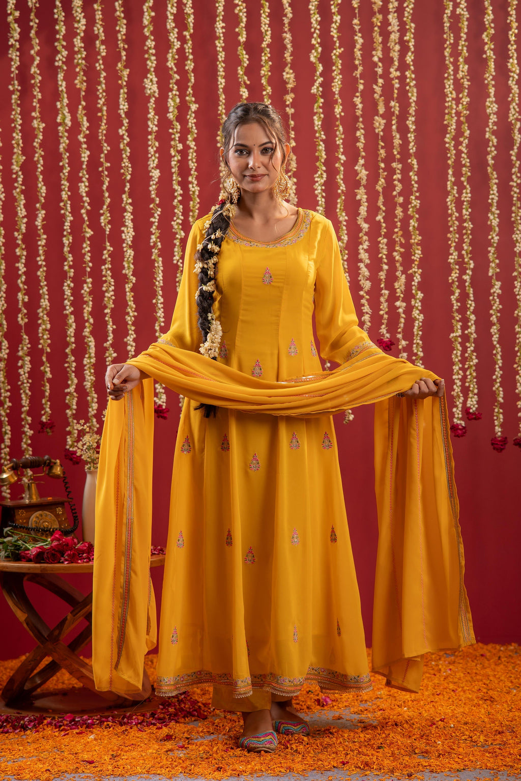 Juniper Mustard Magic Anarkali Kurta Pant And Dupatta Set | Grocsy