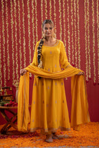 Juniper Mustard Magic Anarkali Kurta Pant And Dupatta Set | Grocsy