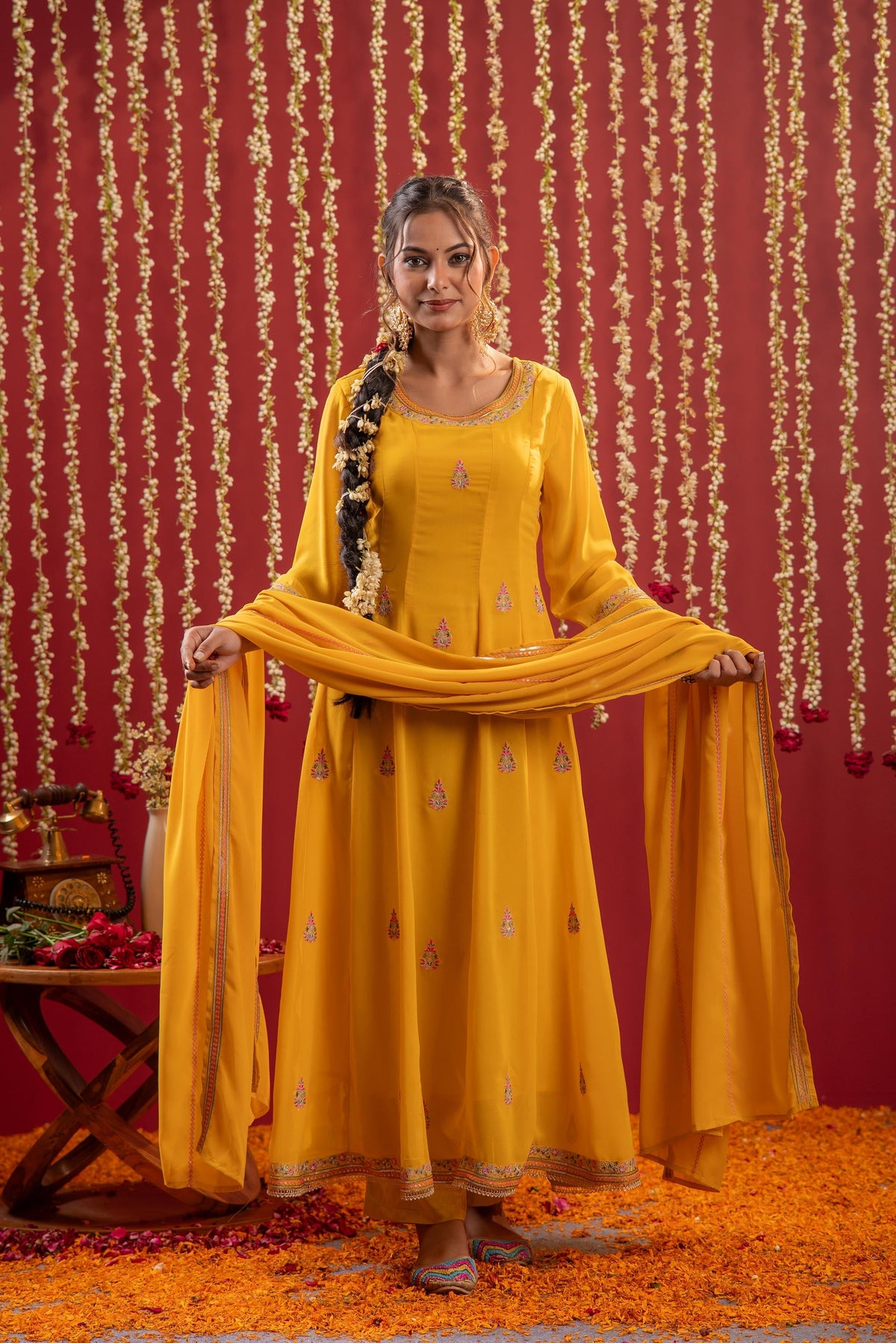 Juniper Mustard Magic Anarkali Kurta Pant And Dupatta Set | Grocsy