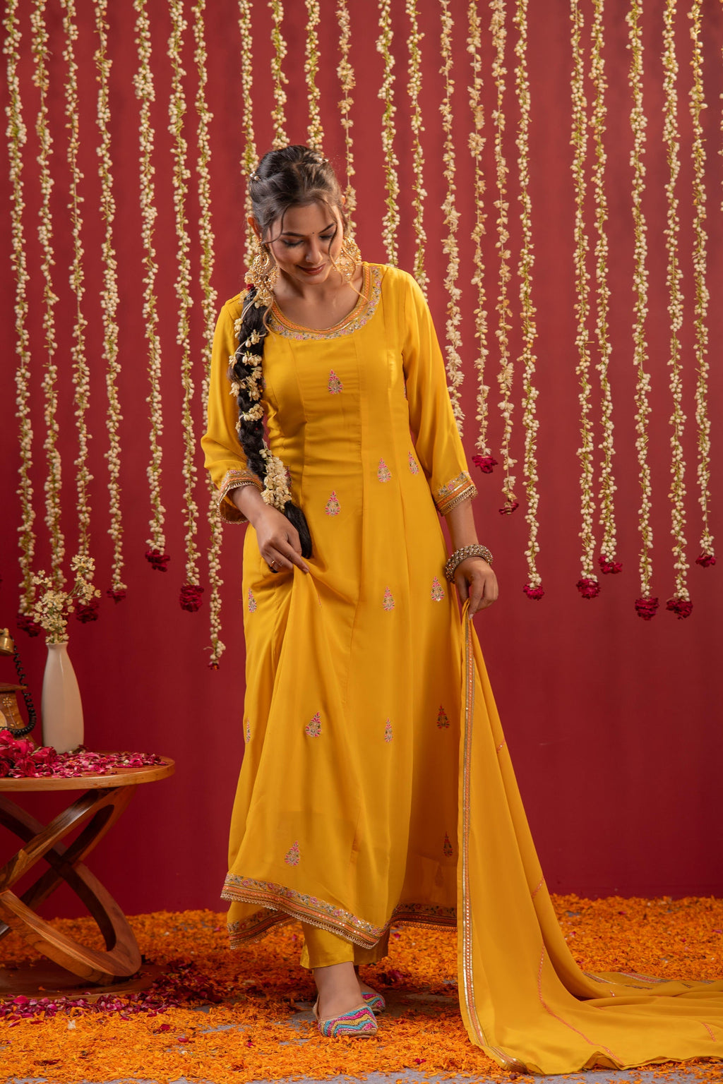 Juniper Mustard Magic Anarkali Kurta Pant And Dupatta Set | Grocsy