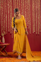 Juniper Mustard Magic Anarkali Kurta Pant And Dupatta Set | Grocsy