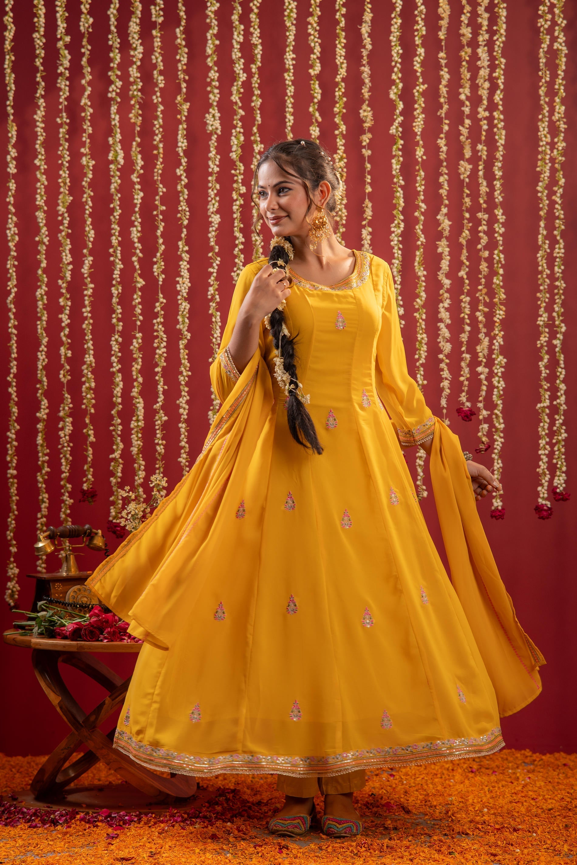 Juniper Mustard Magic Anarkali Kurta Pant And Dupatta Set | Grocsy