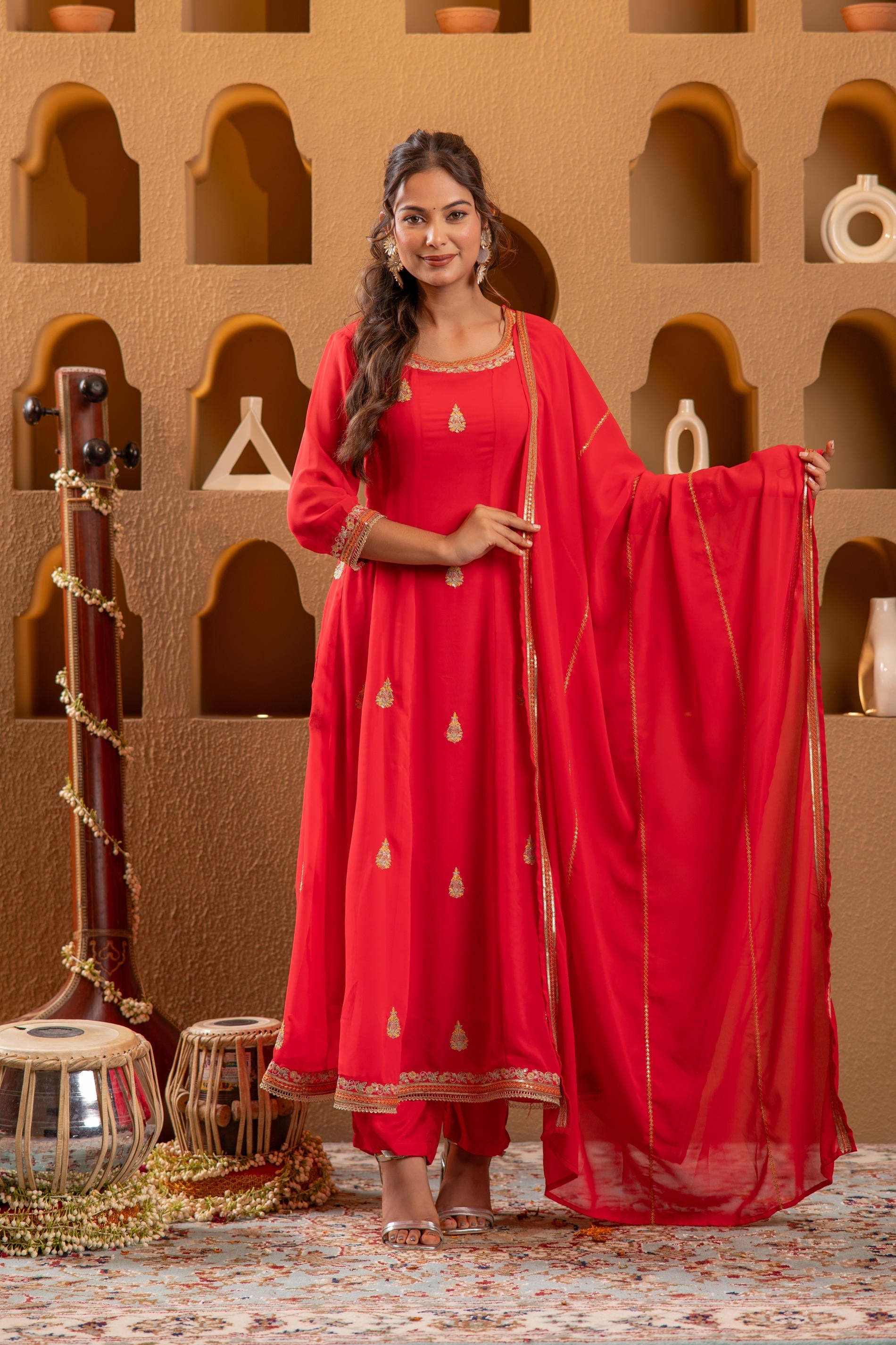Juniper Red Kurta Pant And Dupatta Set | Grocsy