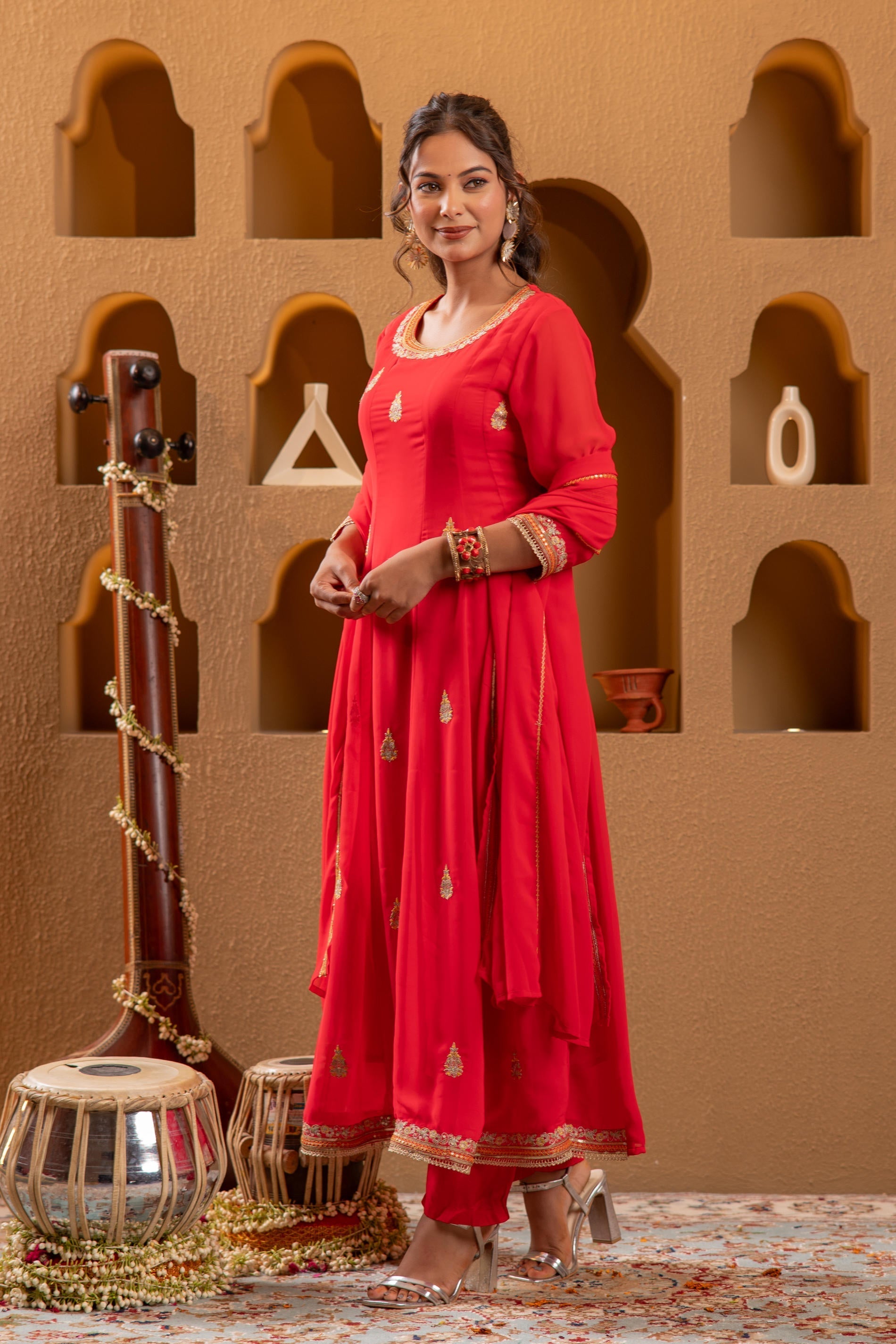 Juniper Red Kurta Pant And Dupatta Set | Grocsy