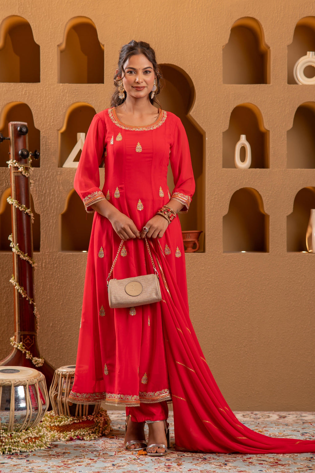 Juniper Red Kurta Pant And Dupatta Set | Grocsy