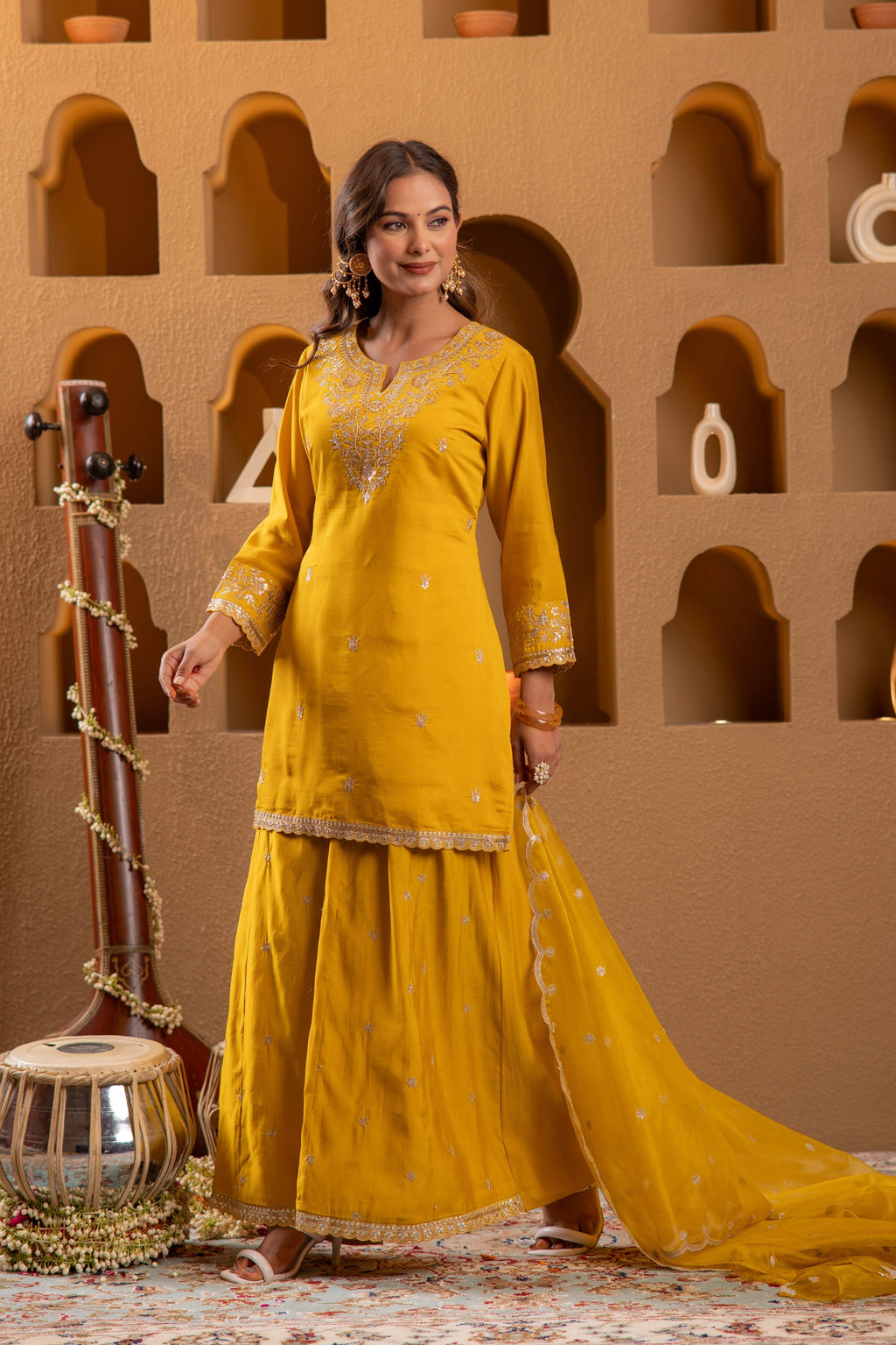 Juniper Mustard Viscose Flared Kurta With Palazzo & Dupatta Set With Mirror, Thread & Zari Work | Grocsy