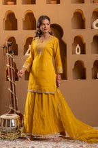 Juniper Mustard Viscose Flared Kurta With Palazzo & Dupatta Set With Mirror, Thread & Zari Work | Grocsy
