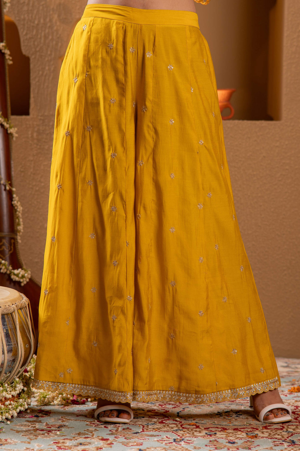 Juniper Mustard Viscose Flared Kurta With Palazzo & Dupatta Set With Mirror, Thread & Zari Work | Grocsy