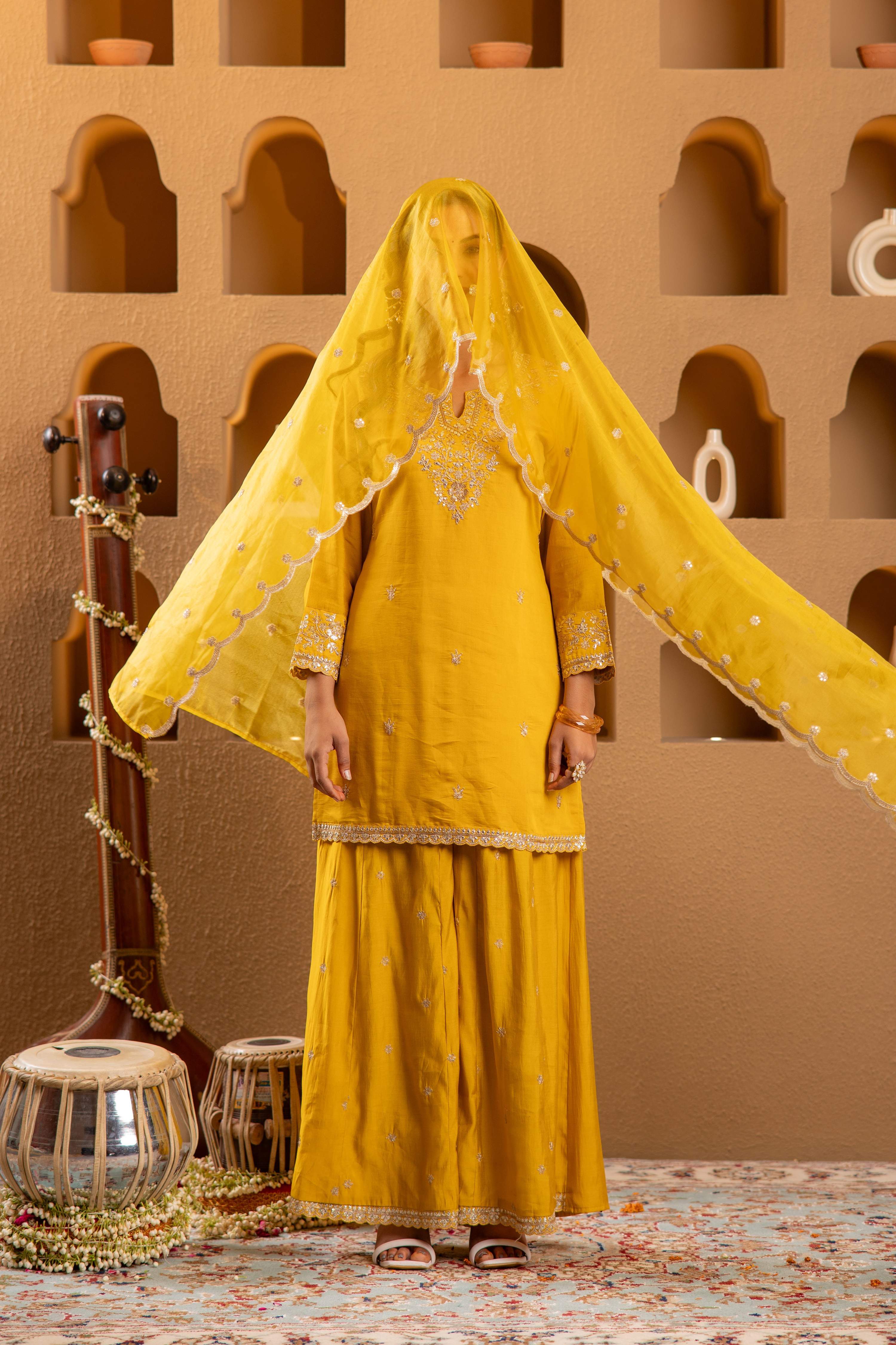 Juniper Mustard Viscose Flared Kurta With Palazzo & Dupatta Set With Mirror, Thread & Zari Work | Grocsy